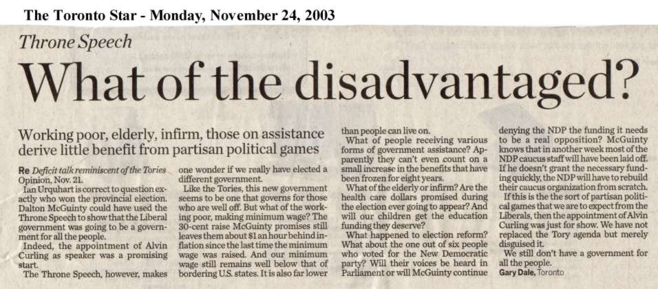 letter to The Toronto Star as published on 2003/11/24