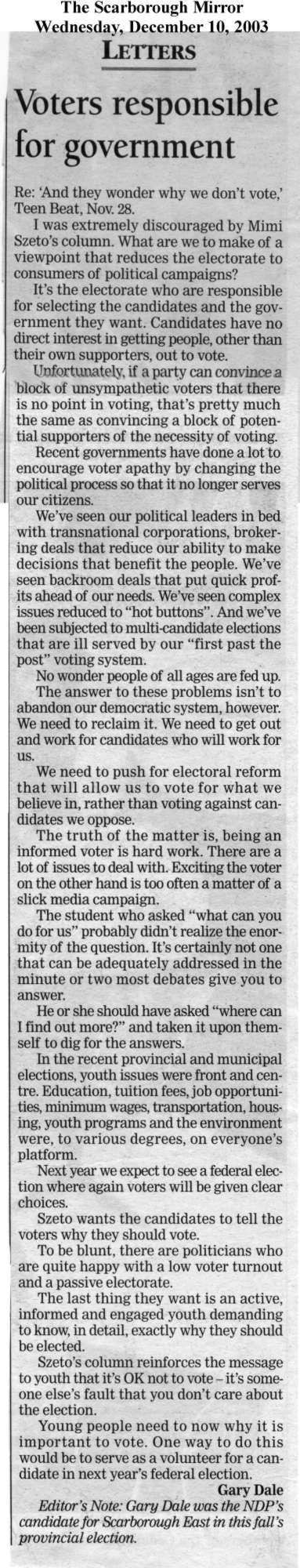 letter to The Scarborough Mirror published 2003/12/10