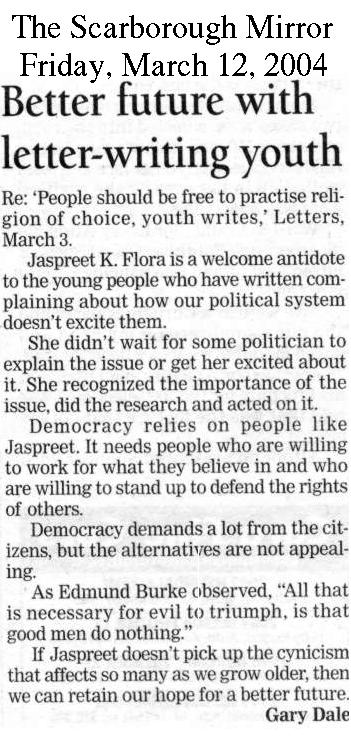 letter to The Scarborough Mirror published 2004/03/12