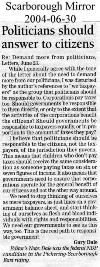 letter to The Scarborough Mirror published 2004/07/09