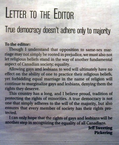 letter to The Pickering News Advertiser published 2005/02/18