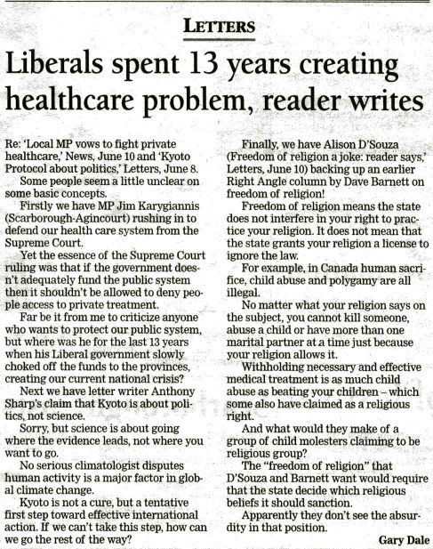 letter to The Scarborough Mirror published 2005/06/15