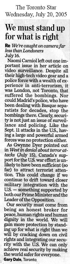 letter to The Toronto Star published 2005/07/20