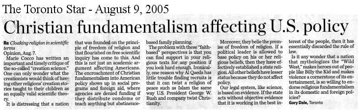 letter to The Toronto Star published 2005/08/09
