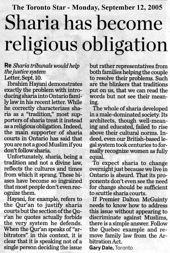 letter to The Toronto Star published 2005/09/120