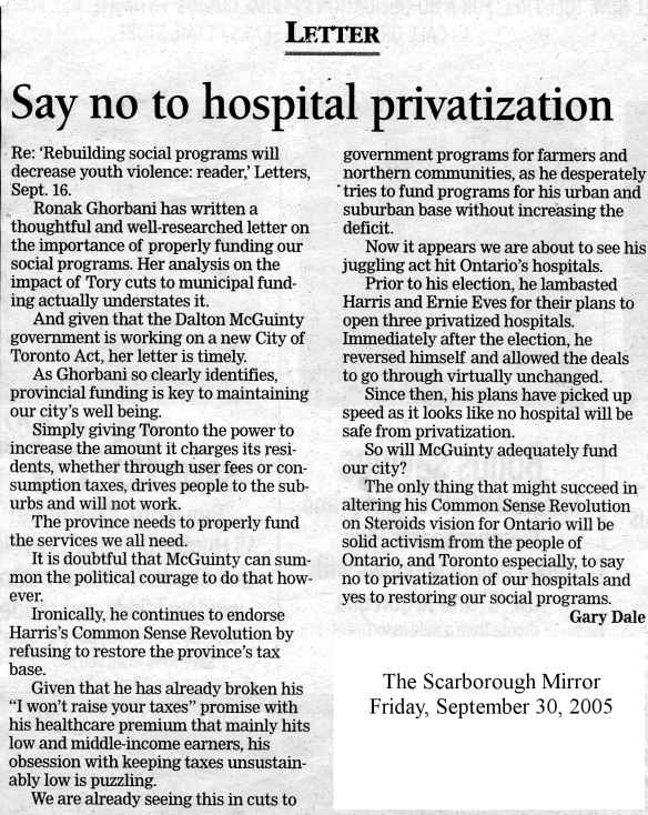 letter to The Scarborough Mirror published 2005/09/30