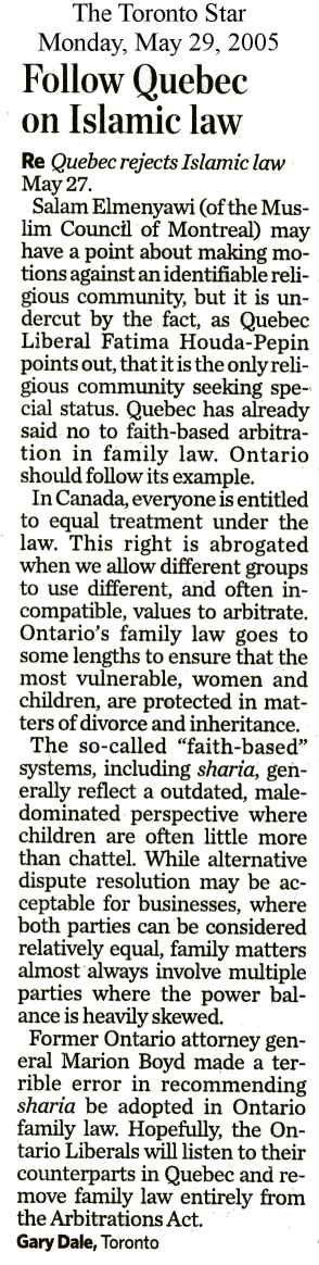 letter to The Toronto Star published 2005/05/29